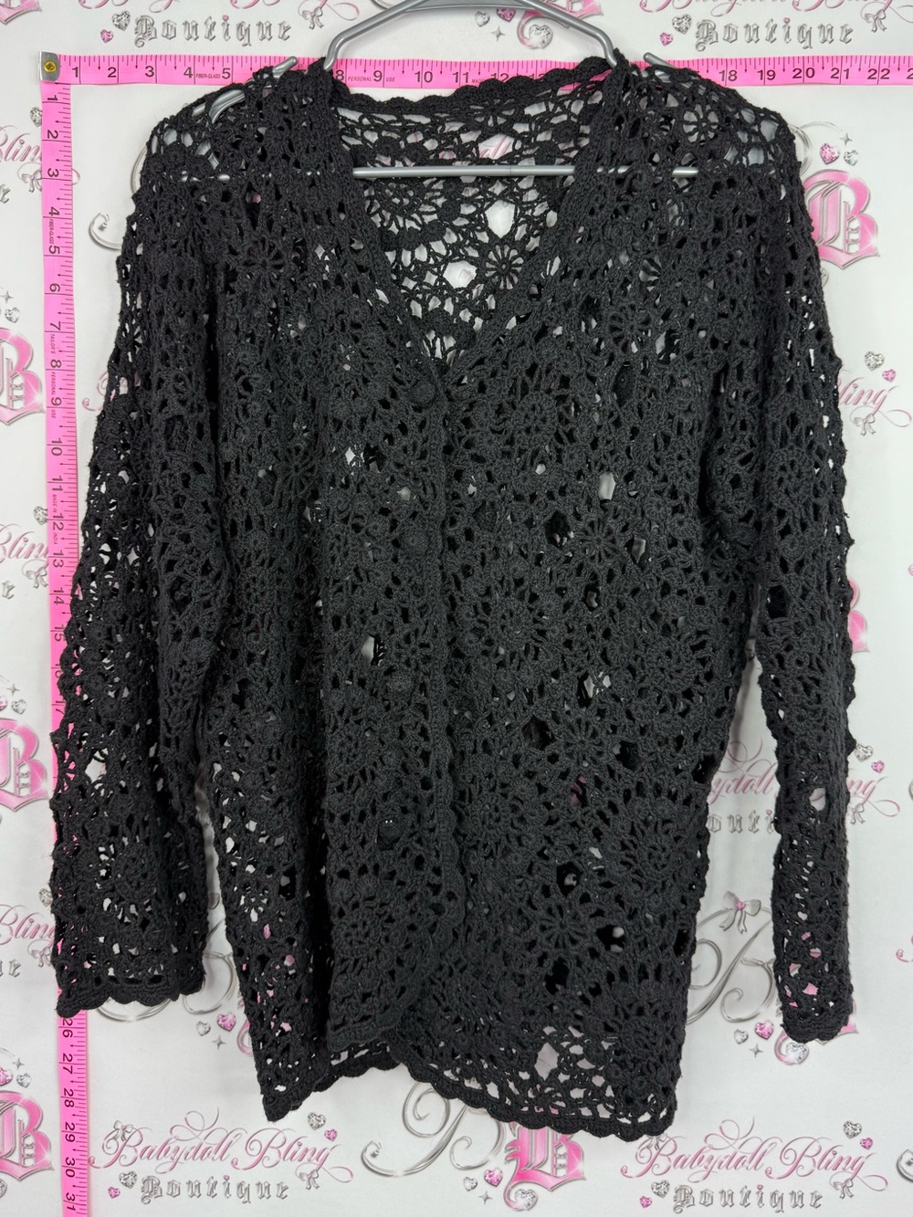 Black Crochet sweater button up floral knit V-Neck Women’s Sweater
